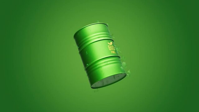 Green Leaves spin and form barrel of biofuel or biodiesel drums. Sustainable energy concept animation. 3d render