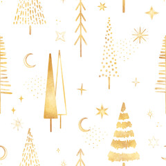 Watercolor hand drawn seamless pattern with shiny gold decoration winter starry sky, moon, glitter, outline Christmas geometric tree, dots, elements isolated on white background. New year wallpaper.