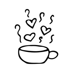cup, steam and hearts hand drawn in doodle style. icon, sticker.