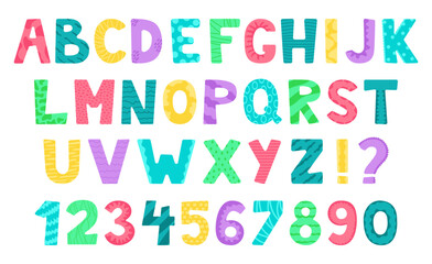 Cute cartoon font. Bright alphabet. Isolated letters on white background. Vector illustration.