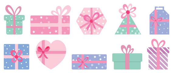 Pastel color gift boxes set with ribbon bow vector illustration. Collection of pastel decorative presents in different shape on white background. Design for card, poster, birthday, banner, decoration.