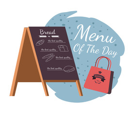 Menu of the day, board with bakery offers sale
