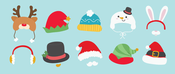 Set of cute winter and autumn headwear vector illustration. Collection of reindeer, santa, snowman, elf, knitting hats, top hat, caps, rabbit headband for cold weather. Design for card, comic, print. - obrazy, fototapety, plakaty