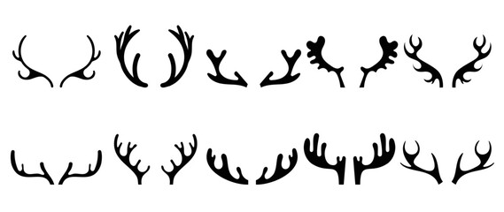 Set of antlers vector illustration. Collection of black deer antlers and horns silhouette isolated on white background. Design suitable for sticker, card, comic, print, poster, logo, decoration.