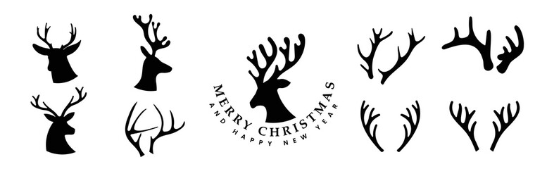 Set of antlers vector illustration. Collection of black deer antlers and horns silhouette isolated on white background. Design suitable for sticker, card, comic, print, poster, logo, decoration.