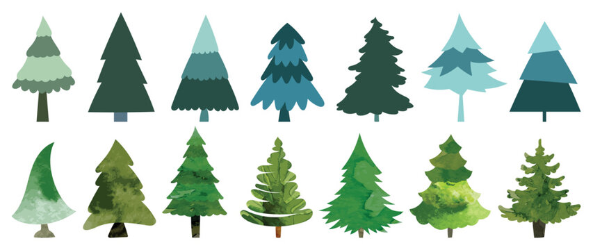 Set of christmas trees vector illustration. Collection of hand drawn pine trees and watercolor texture isolated on white background. Design suitable for card, comic, print, poster, banner, decoration.