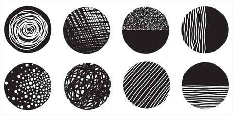 Set of round Abstract black Backgrounds or Patterns. Hand drawn doodle shapes. Spots, drops, curves, Lines. Contemporary modern trendy Vector illustration. Posters, Social media Icons templates
