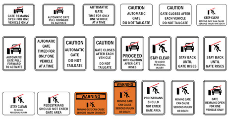 Parking lot and garage beware automatic moving gate sign set of vector