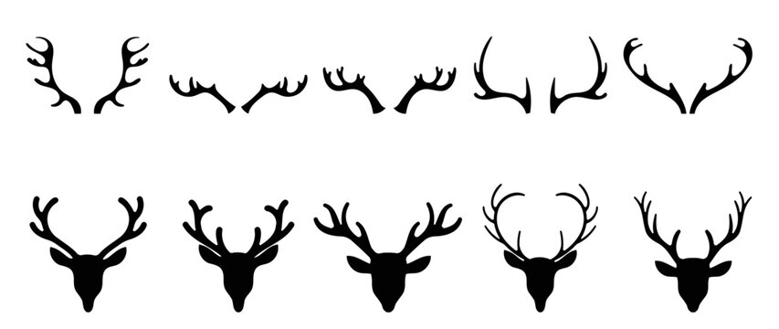 Set of antlers vector illustration. Collection of black deer antlers and horns silhouette isolated on white background. Design suitable for sticker, card, comic, print, poster, logo, decoration.