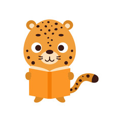 Cute little jaguar reading book on white background. Cartoon animal character for kids t-shirt, nursery decoration, baby shower, greeting card, house interior. Vector stock illustration © Jexy
