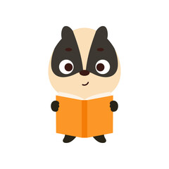 Cute little badger reading book on white background. Cartoon animal character for kids t-shirt, nursery decoration, baby shower, greeting card, house interior. Vector stock illustration