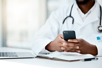 Black man, doctor hands or phone or laptop, notebook or mobile for medicine research, surgery schedule or life insurance planning. Zoom, healthcare worker or employee with technology for hospital web