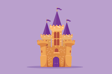 Cartoon flat style drawing castle in amusement park with three towers and flags on it. Fort that contains atmosphere in fairy tale. Palace where royal family lived. Graphic design vector illustration © onetime