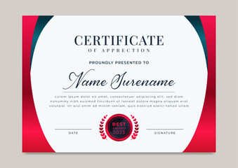 Modern red and blue certificate of achievement with badge template