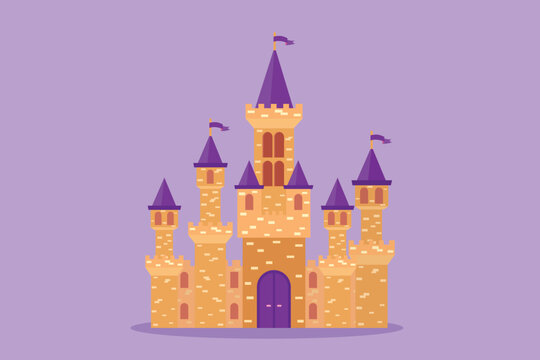 Cartoon Flat Style Drawing Castle In Amusement Park With Seven Towers And Three Flags. Fort Building That Tells Of Life In Kingdom. Palace Where Royal Family Lived. Graphic Design Vector Illustration