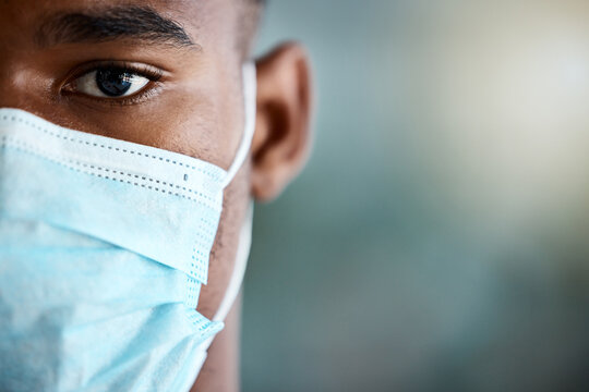 Portrait, Covid And Black Man With Mask, For Health And Regulations. Mockup, African American Male And Corona With Face Cover For Protection, Safety And Wellness For Sickness, Illness And Healthcare.