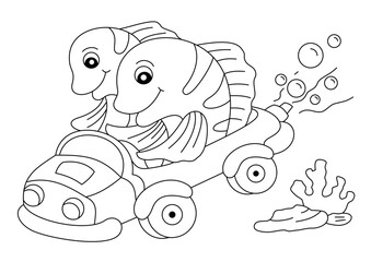 fish by car coloring page or book for kid vector