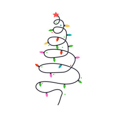 Christmas holiday tree line art with light bulb illustration 