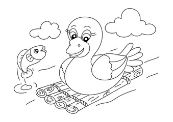 duck with fish coloring page or book for kid vector
