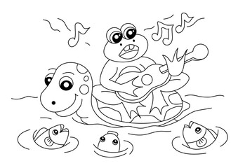 frogs, turtles, singing fish coloring page or book for kid vector