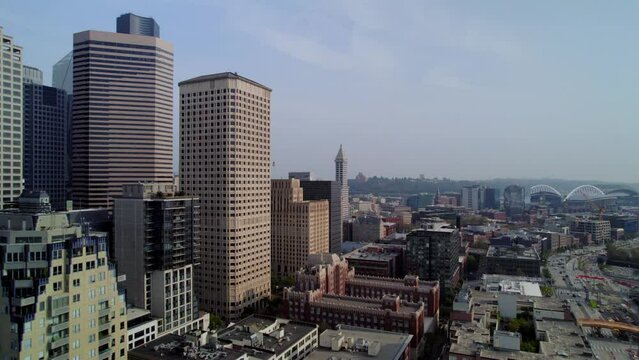 Aerial view of Seattle city downtown in Washington state.  Skyscrapers of Seattle from drone view.