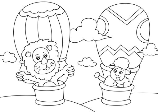 lion and goat with balloons coloring page or book for kid vector