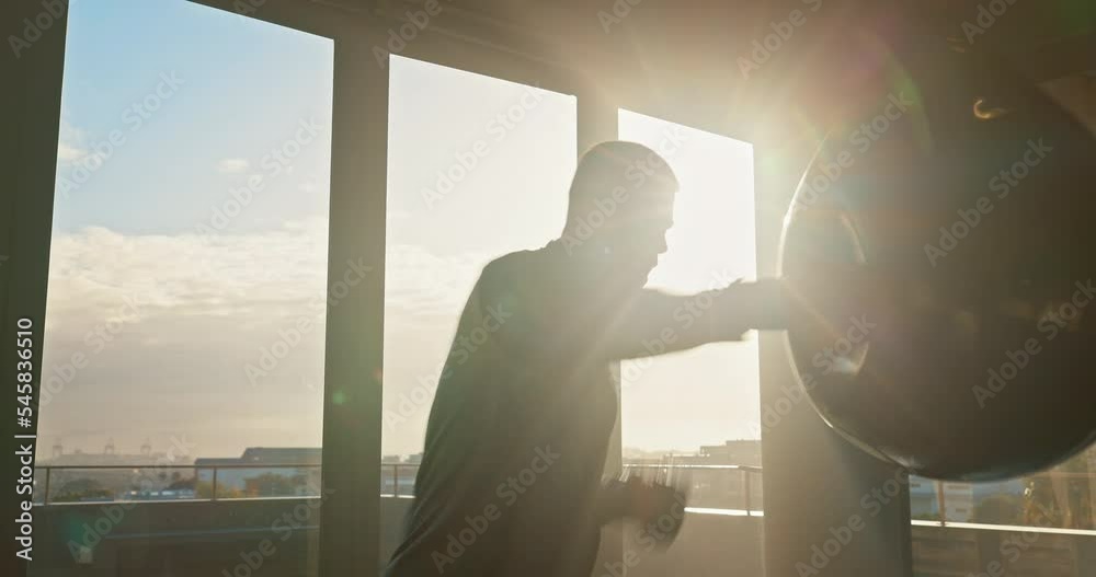 Poster Man, kickboxing or punching bag in fitness, workout or training of stress control, anger management or competition challenge. Boxer, sports athlete or mma coach or personal trainer in sunset exercise