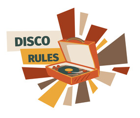 Disco rules, old vinyl record player device vector