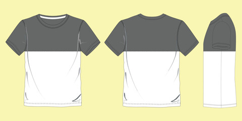 Blank White Short Sleeve T-Shirt Template on yellow Background. Front, Back and Side View, Vector File
