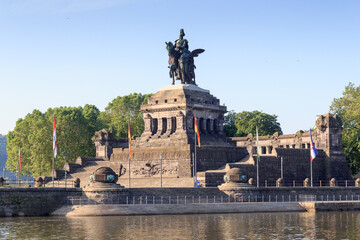 Fototapeta na wymiar Deutsches Eck (German Corner) between Rhine and Moselle river with Emperor William monument statue in Koblenz, Germany