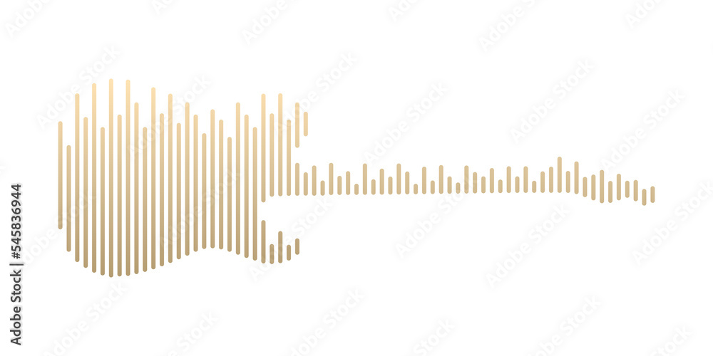 Poster Electric guitar shape by equalizer strip line pattern gold gradient color isolated on transparent background. Design element in concept music.