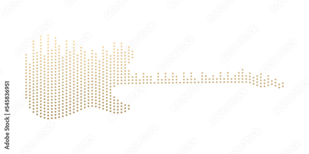 Poster Electric guitar shape by equalizer strip dotted line pattern gold gradient color isolated on transparent background. Design element in concept music.