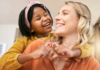 Heart sign, adoption and mother with black girl, happy together for bonding, loving and smile....