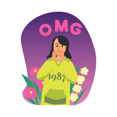 Excited woman with surprised face expression, flat vector illustration isolated on white background.