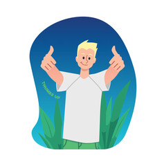 Sticker with young man showing positive gesture flat vector illustration isolated.