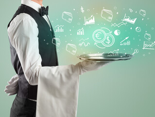 Fototapeta na wymiar Handsome young waiter in tuxedo holding money icons on tray
