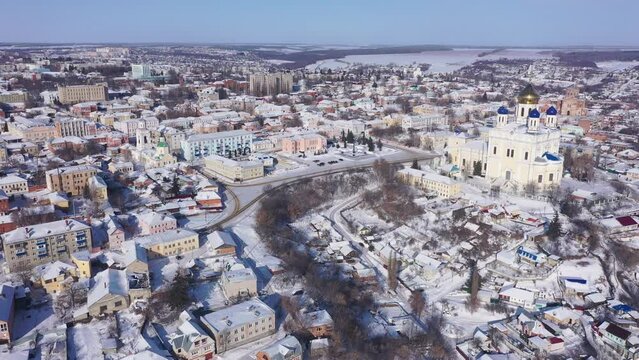 Scenic aerial view of main Orthodox church in Russian city of Yelets, five domed Ascension Cathedral on sunny winter day