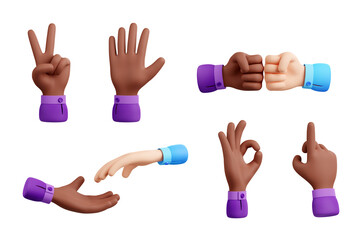 3D illustration of multiethnic hand gestures isolated on white background. African american and caucasian fist bump, victory, ok, greeting signs, finger pointing cursor, characters joining palms