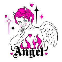 Baby devil angel y2k. Goth aesthetic print with mystical fire, flame, hearts. Vintage isolated sticker. Weird emo gothic graphic, pink and black colors, 90s, 00s love aesthetic. - obrazy, fototapety, plakaty