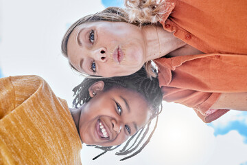 Happy, mother and child smile with a interracial family outdoor with a smile bonding. Portrait of a laughing, silly and funny faces of a mom and adoptive girl with love, care and happiness together - obrazy, fototapety, plakaty