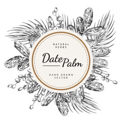 Round frame with hand drawn date palm fruits and leaves sketch style