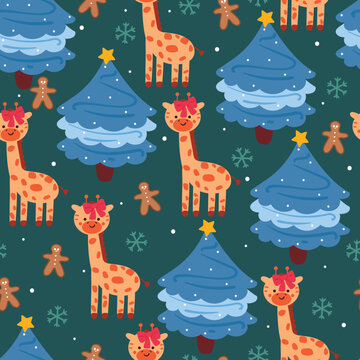 seamless pattern cartoon christmas tree with giraffe. cute christmas background for gift wrap paper
