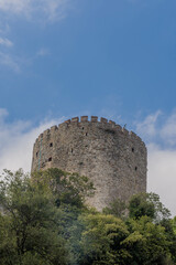 Fototapeta na wymiar Tower of castle ruins behind treeline against blue partly cloudy sky.