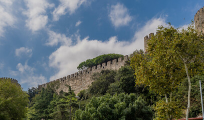 Wall of castle ruins behind treeline against blue partly cloudy sky.
