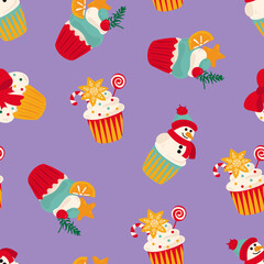 Seamless pattern with Christmas cupcakes. Design for fabric, textile, wallpaper, packaging, wrapping paper.