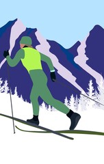 Man skiing in the mountains.Snow mountains and skiing.Sports and training.Skiing