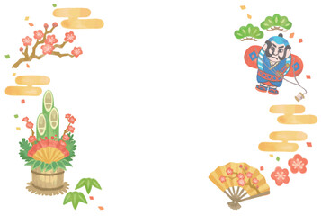 水彩風、お正月のイラストを使ったフレーム素材。ベクター素材。