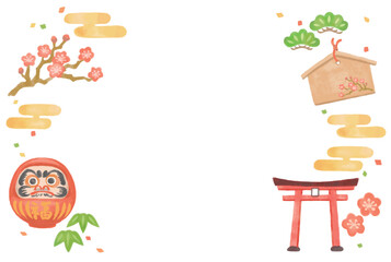 水彩風、お正月のイラストを使ったフレーム素材。ベクター素材。