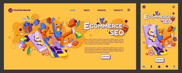Naklejka premium E-commerce, seo landing page, app ui ux onboard screen. Concept with contemporary characters, smartphone, shopping trolley, loudspeaker, search engine optimization Cartoon linear vector templates