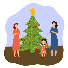 LGBT family. Same-sex family.Girls with kids decorating Christmas tree.Girls in the background.Template with girls and Christmas tree.Advocating for LGBT people.Happy LGBT family with kids decorating 